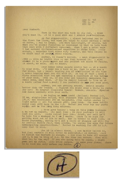 Hunter Thompson Letter Signed -- ''...The RD [Rum Diary] is almost there. I can hardly believe it, but feel certain it will never be published. No matter. Just to finish the bastard is enough...''